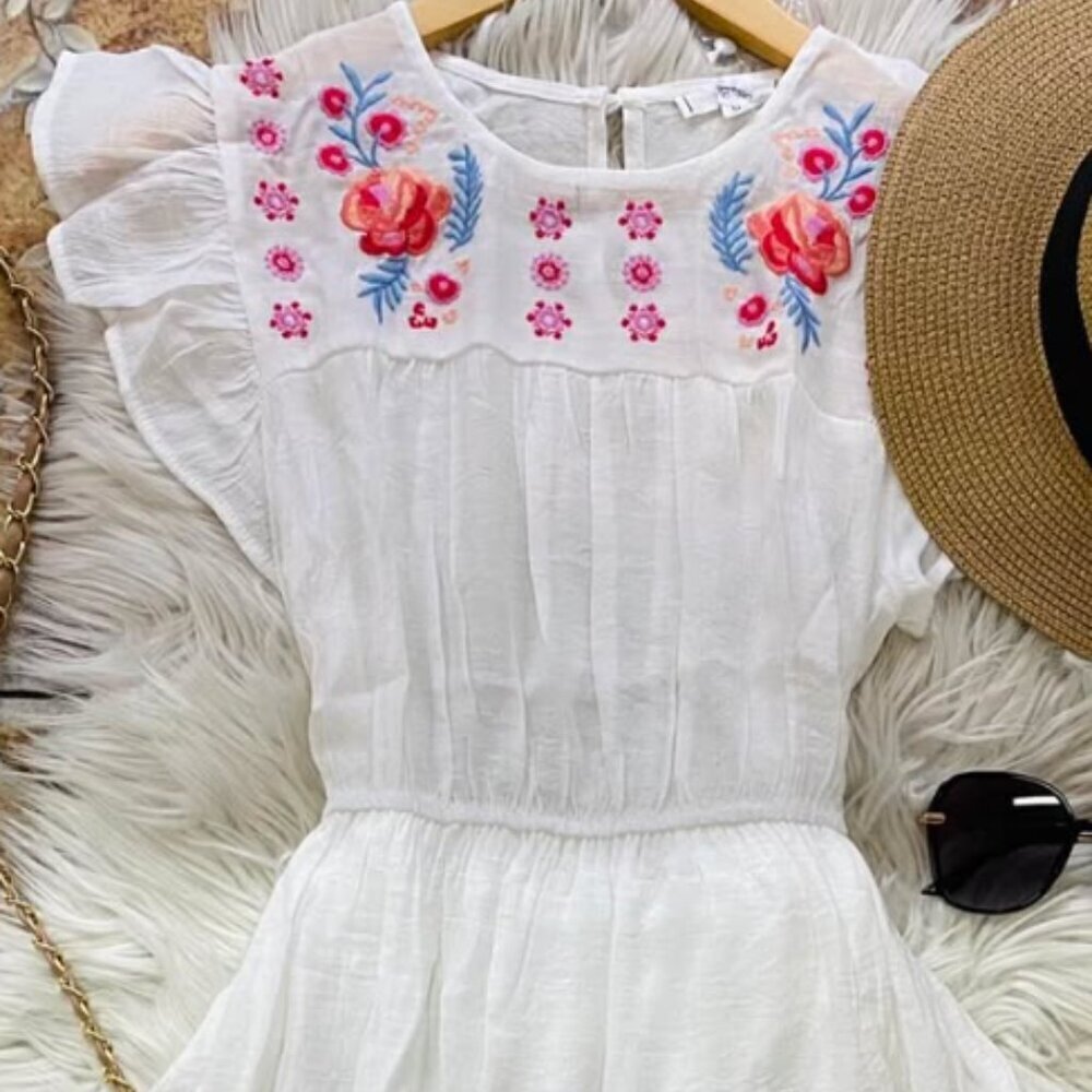 NWOT White Mini Dress Floral Embroidery Lightweight Semi-Sheer Tiered - Picture 2 of 7